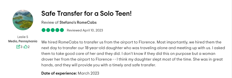 RomeCabs Customer Reviews for Transfers from Fiumicino Rome to Florence
