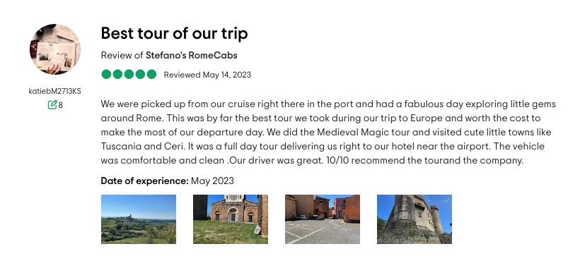 100% Customer Reviews for RomeCabs Shore Excursions from Civitavecchia Medieval Magic Rome Countryside Tour