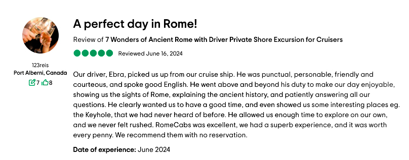 RomeCabs customer reviews Civitavecchia shore excursions