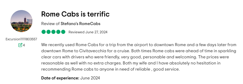 RomeCabs is Terrific Customer Reviews Civitavecchia Transfers