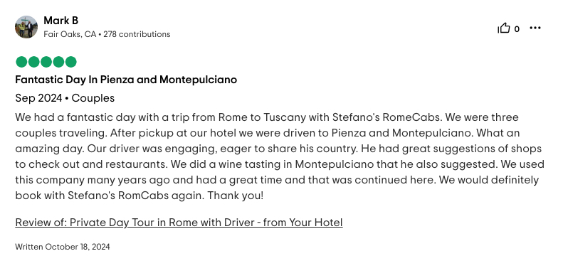 RomeCabs Reviews for Tuscany Day Tours from Rome to Montepulciano and Pienza